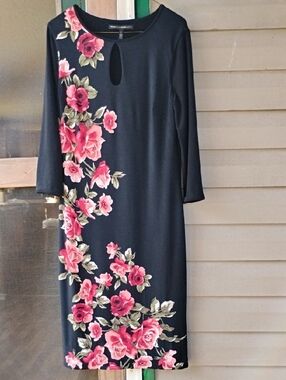 Reverse White House Black Market Black Midi Dress with Pink Floral Print